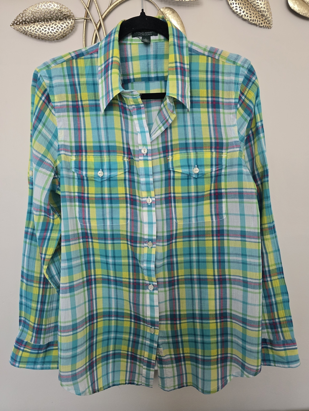 Ralph Lauren Plaid Button-Down Shirt in Aqua, Yellow & Green Cotton Size L Y2K